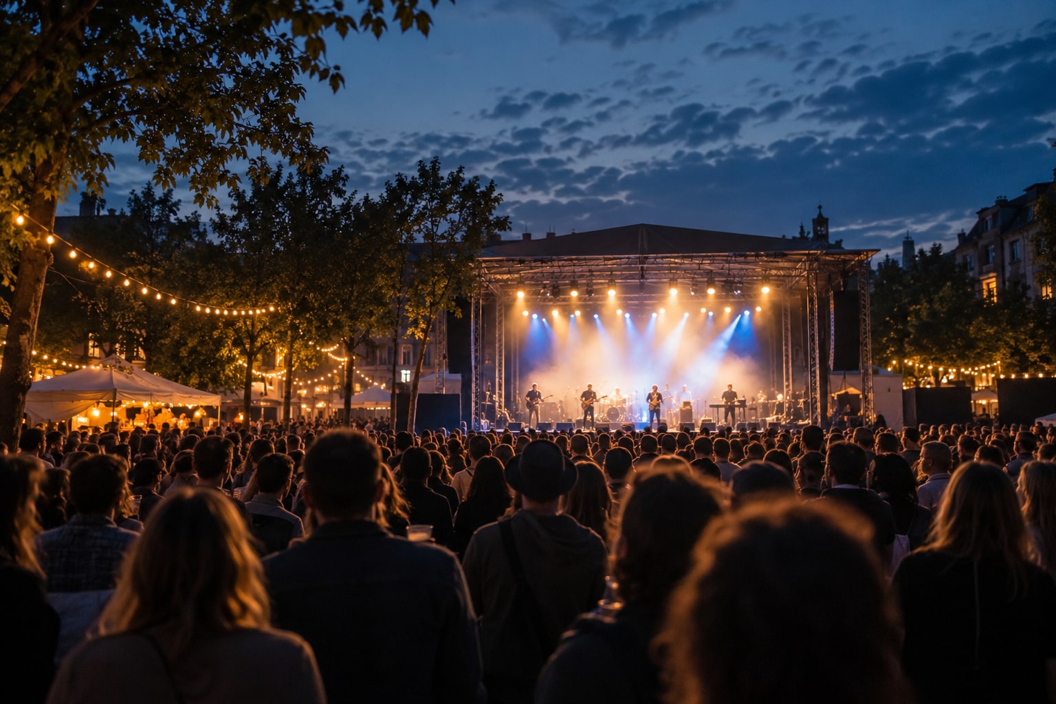 Open-Air-Veranstaltung in der Abenddämmerung – generiertes Symbolbild